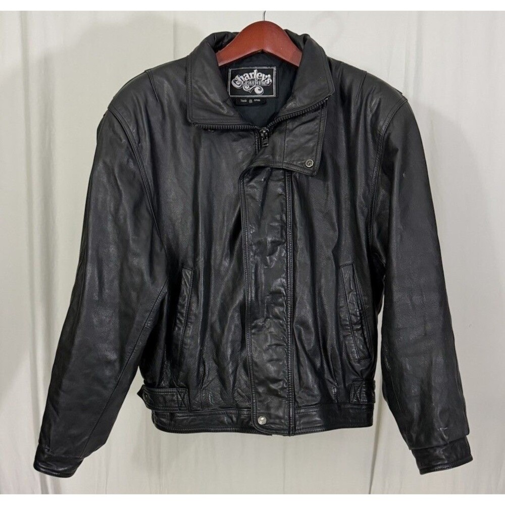 Vintage Charley's Leather Bomber Jacket Mens Sz 42 Black Full Zip Moto Movie